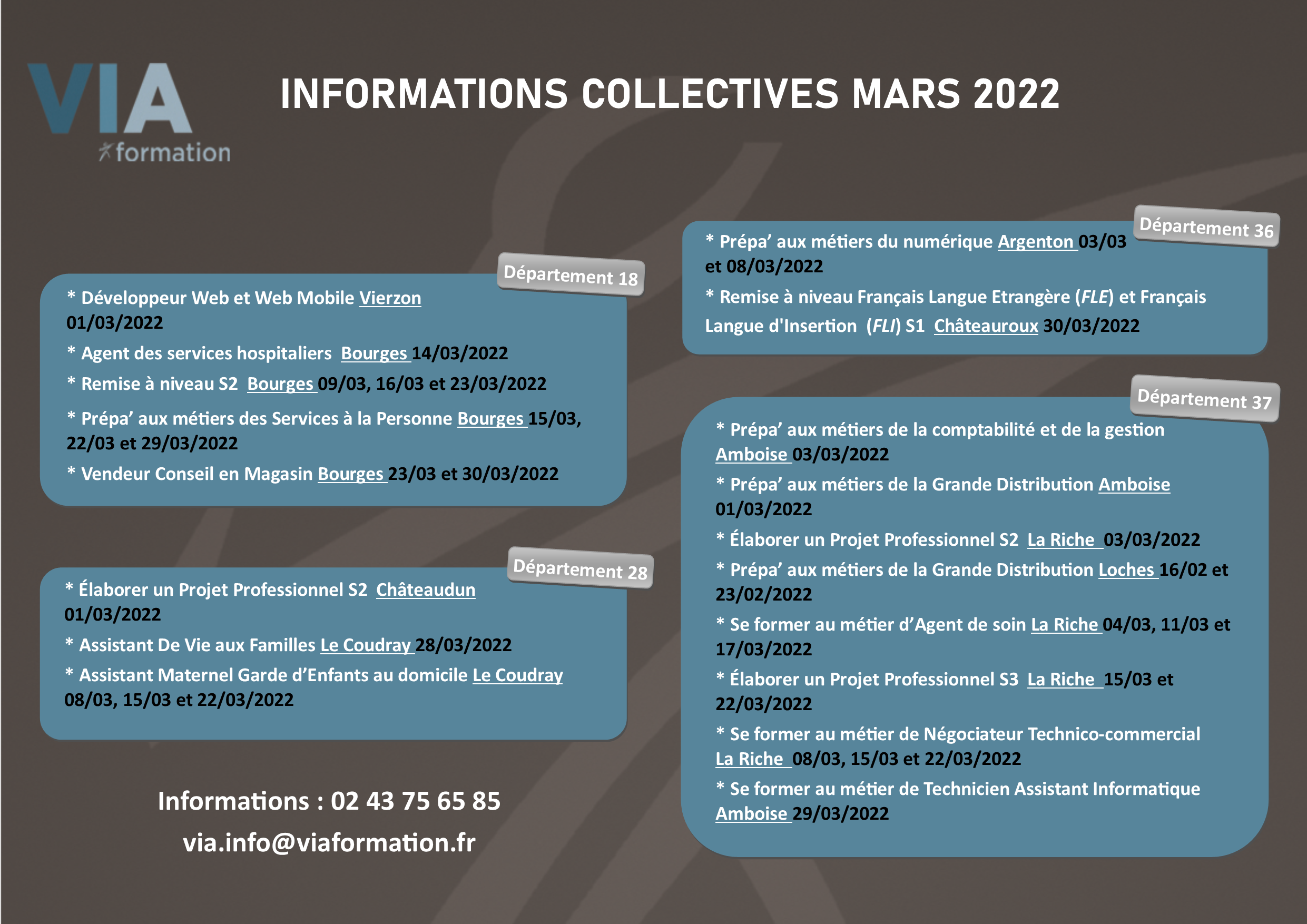 CALENDRIER DES INFORMATIONS COLLECTIVES MARS 2022 VIA Formation